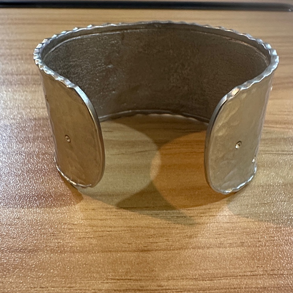 Virgin Saints and Angels Silver Hammered Cuff Bracelet with Crystal Cross Accent - Picture 4 of 5